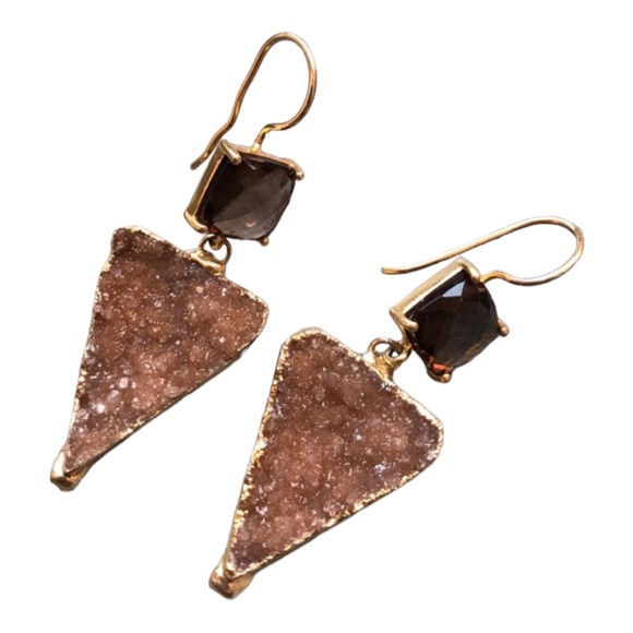 Smokey Quartz and Druzy gold plated wire back Earrings - Picture 6 of 11